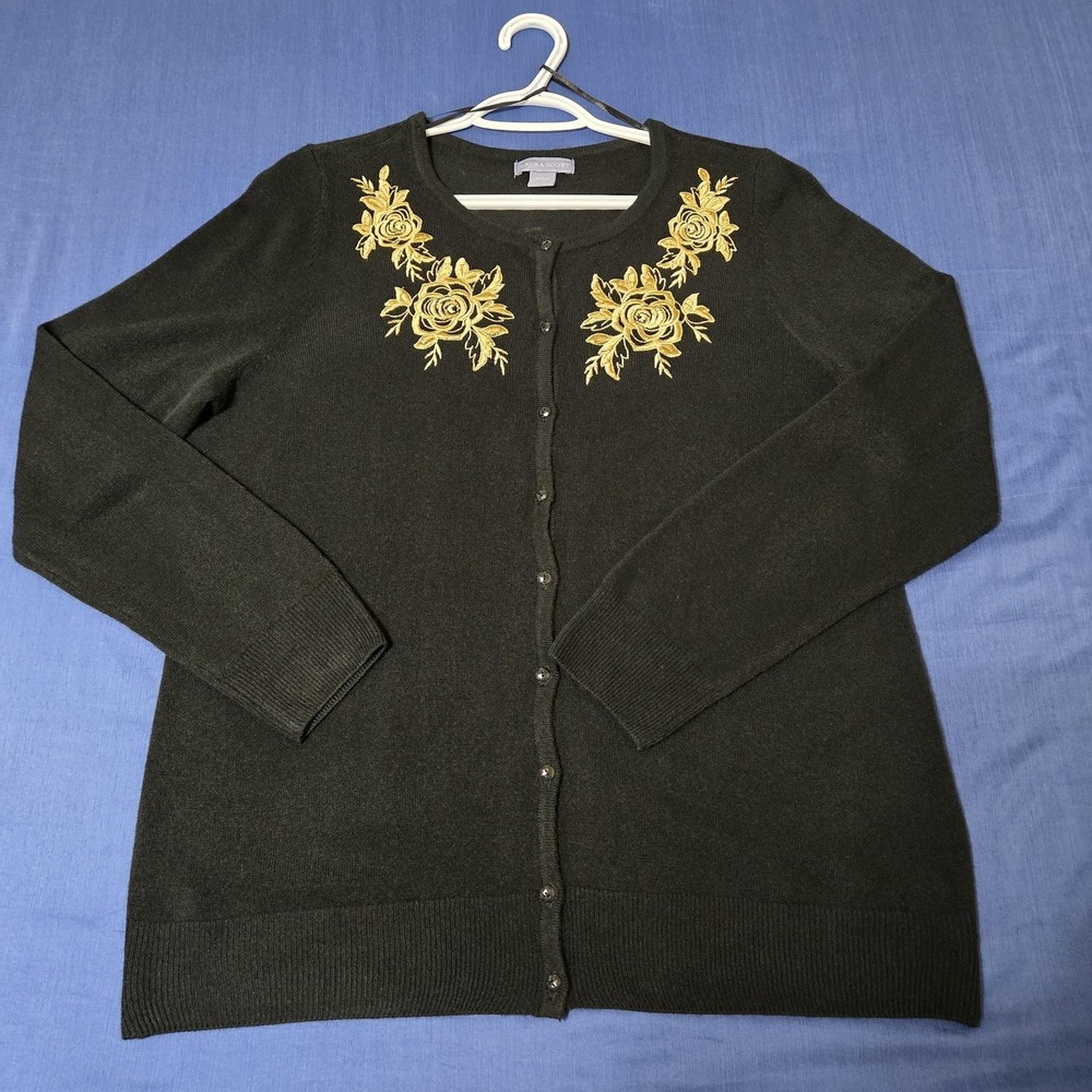 Laura Scott Cardigan Sweater Womens L Black Floral Embroidered Knit Long Sleeve